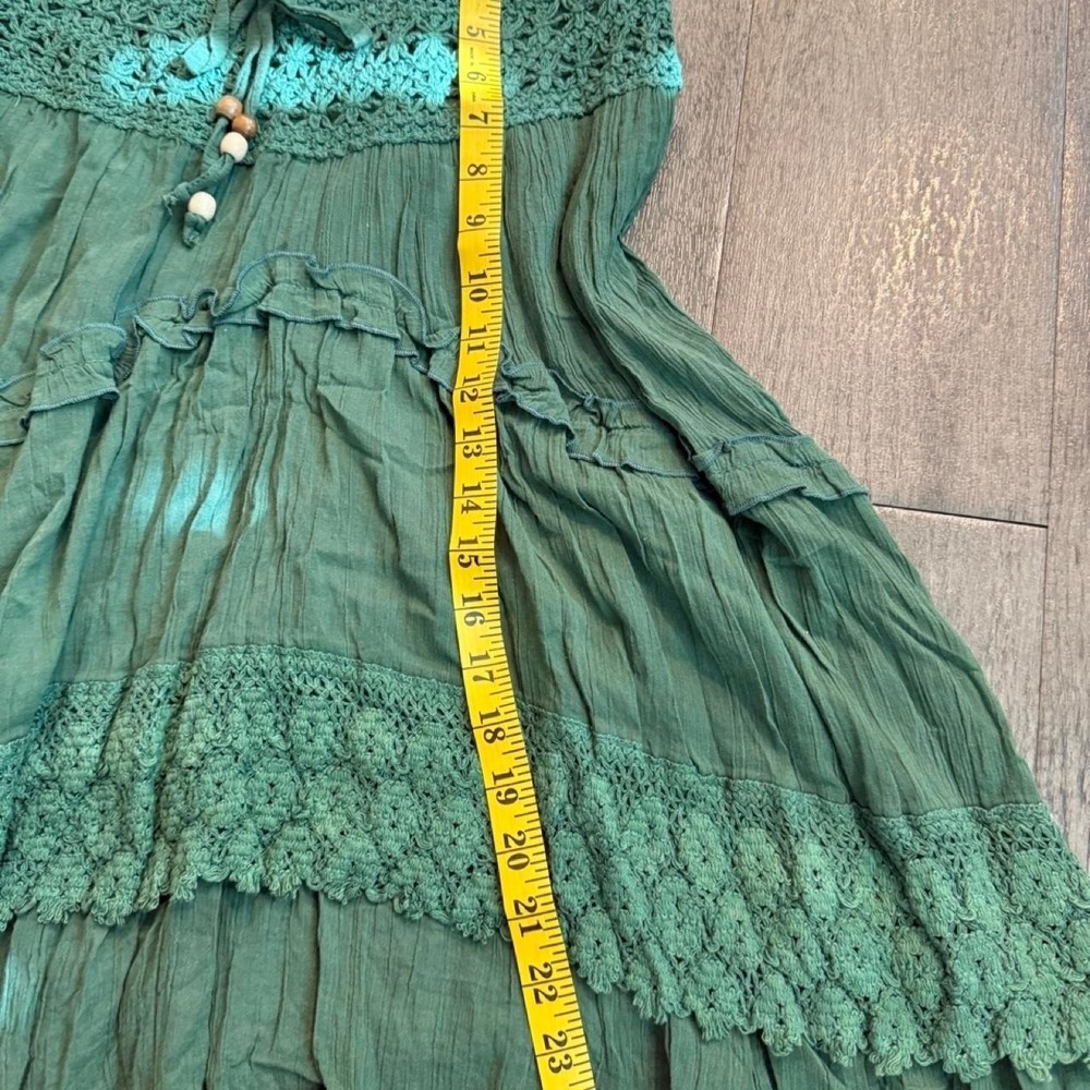 Vintage green fairy boho knit waist beaded skirt with lace trim and tie waist - Picture 7 of 8